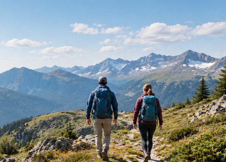 Two hikers walking away along a mountain trail overlooking a lake and blue peaks